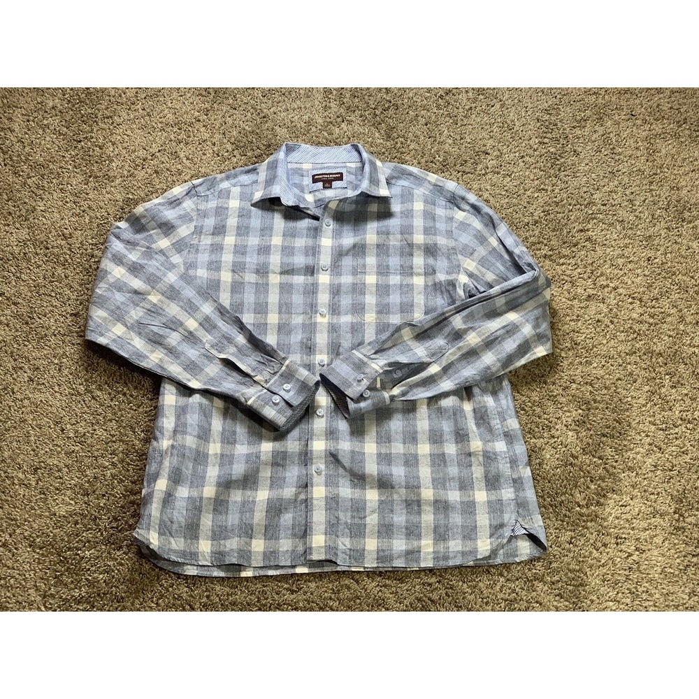 Johnston Murphy Shirt Large Blue Check Mens Linen Cotton Button Down Long Sleeve